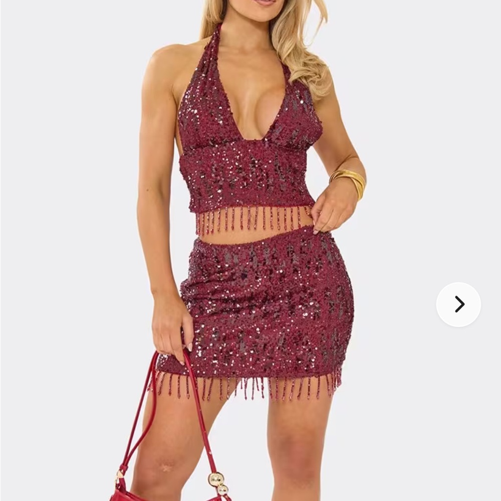 Sequin Fringe Two-Piece Halter Crop Top & Mini Skirt Set - Burgundy